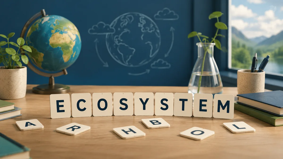 Ecosystem word tiles arranged on a science study desk