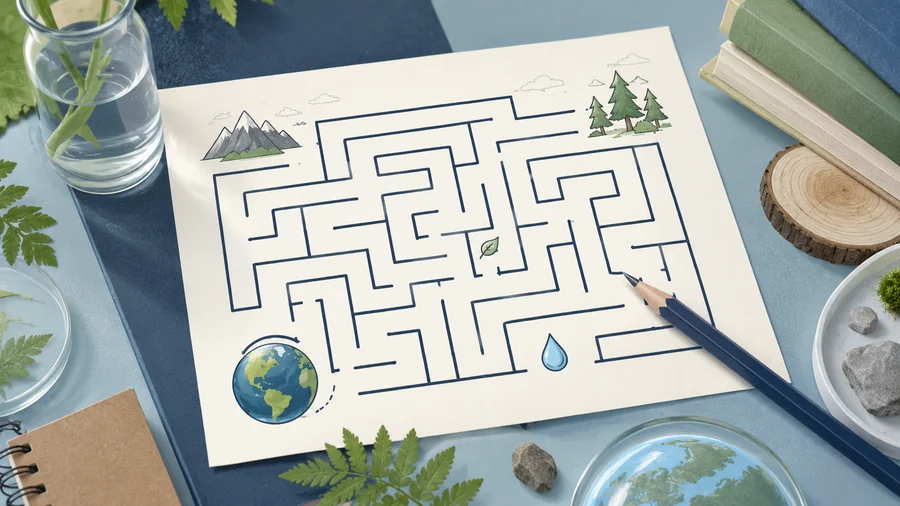 Nature-themed science maze on a study desk