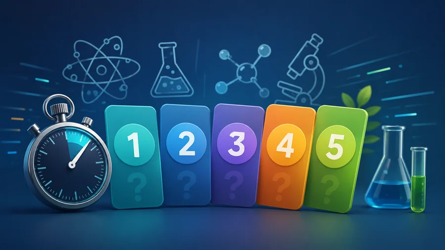 Five colourful science quiz cards beside a stopwatch