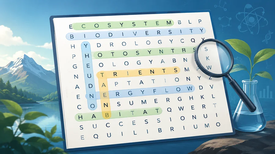 Science word search with ecosystem vocabulary and magnifying glass