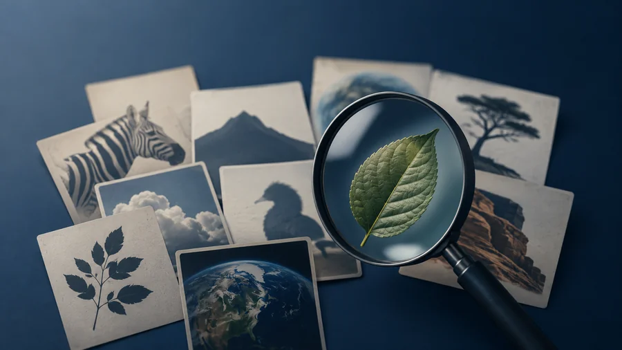 Magnifying glass examining a leaf among mystery science cards